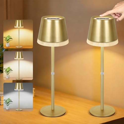 OUTON 2 Pezzi Lampada da Tavolo LED Senza Fili con Indicatore Batteria, 4000mAh, USB-C Ricaricabile, 3 Temperature Colore, Dimmerabile Touch, Memoria, Portatile per Interni/Esterni, Oro