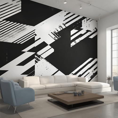 Générique Papier Peint Abstrait Noir Blanc, Motif Papier Peint Intissé Panoramique Moderne Géométrie 400x280 Wallpaper Pour Salon Chambre Deco Murale W&60