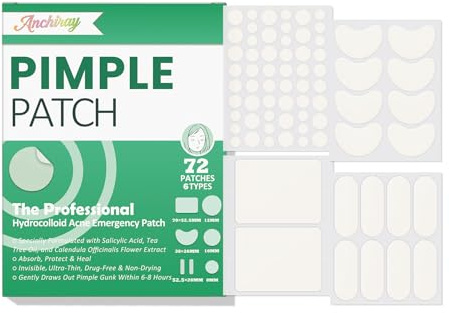 Anchiray Hydrocolloid Pimple Patches, Acne Patches for Full Face(Forehead, Chin, Nose)and Body(Back, Chest), 6 Sizes Hydrocolloid Bandages, 72 Counts(54 Circles+8 Moon Shapes+8 Stripes+2 Rectangles)