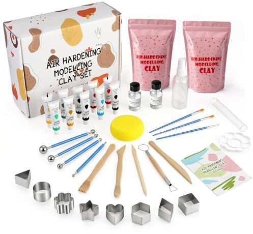 JOVVI Töpferset Lufttrocknender Ton 1 KG für Anfänger, 39-teiliges DIY Set mit Air Dry Clay, Farben und weiterem Zubehör, Töpfer-Set Perfekt Kreativ Set für Erwachsene