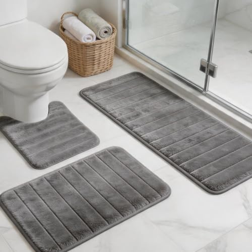Zourglow 3 Tappetini da Bagno, Tappeto Bagno Antiscivolo e Assorbente, Morbido e ad Asciugatura Rapida, per WC, Doccia e Vasca da Bagno, 50 * 60cm & 50 * 80cm & 50 * 120cm (Grigio)