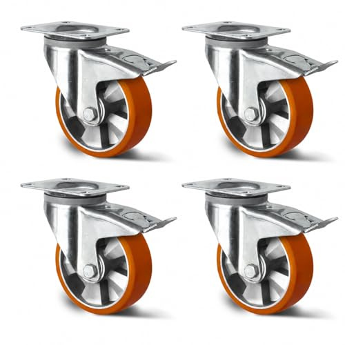 Abrollwerk 4er Set Schwerlastrollen 125-200 mm bis 1800 kg – Lenkrollen mit Bremse, Lenkrollen & Bockrollen – Alu-Radkörper, Doppelkugellager (160mm, 4 Lenkrollen mit Bremse)
