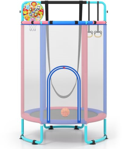 GOPLUS Trampolín Infantil 6 en 1, Cama Elástica Interior con Columpio, Barra de Gimnasia, Baloncesto, Red de Protección, Colchoneta de Salto Fitness para Niños 3+ Años, para Jardín Exterior (Azul)