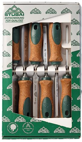 Stemmeisensatz Korkheft, 6-teiliges Set (6,10,14,18,22,26mm) Stemmeisen mit rutschfestem Korkgriff aus nachhaltiger Herstellung, Stubai Stechbeitel zur präzisen Holzbearbeitung, Spezial Stecheisen