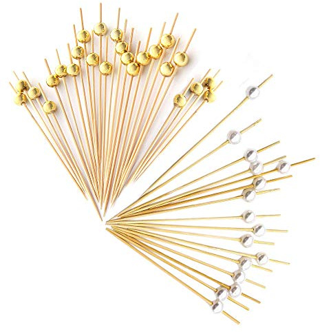 200 Palitos para Cócteles Cóctel Mezclador Bambú Frutas para Barbacoa Fiesta, Coctelería Pinchos san valentín boda fiesta (Oro, perla blanca)