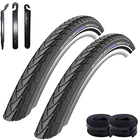 2 x Schwalbe Marathon Plus Unplattbar Decke Schwarz mit Reflex 50-559 (26 x 2.00) + 2 Schwalbe Schläuche DV13 inkl. 3 Reifenheber