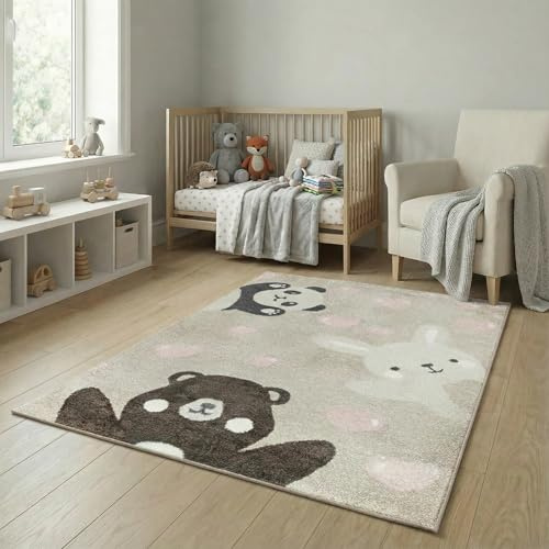 Barnrumsmatta – mattor för barnrum, barnmatta, flicka, björn, hare, panda, hjärta (beige, storlek: 80 x 150 cm
