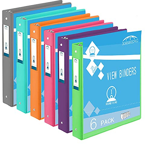 3 Ring Binders,1” Round Ring, Holds 8.5 * 11inch Papers, with 2 Pockets,6 Colors Binder Assorted Pack