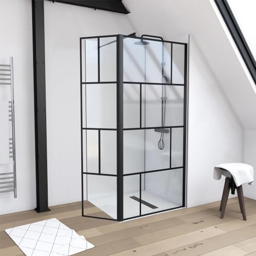 MARWELL Duschwand in modernem Design 90+40 x 195 cm - Glasdusche mit matt schwarzen Wandprofil - Einscheibensicherheitsglas für höchste Sicherheit - Montage auf Duschwanne oder Fliese