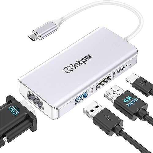 intpw USB C auf HDMI VGA Adapter, 5Gbps Adapter HDMI VGA mit 4K HDMI, 1080P VGA, USB 3.0, PD 100W Aufladung, Kompatibel mit MacBook Pro/MacBook Air/iPad Pro/Dell XPS Thunderbolt 3 Port