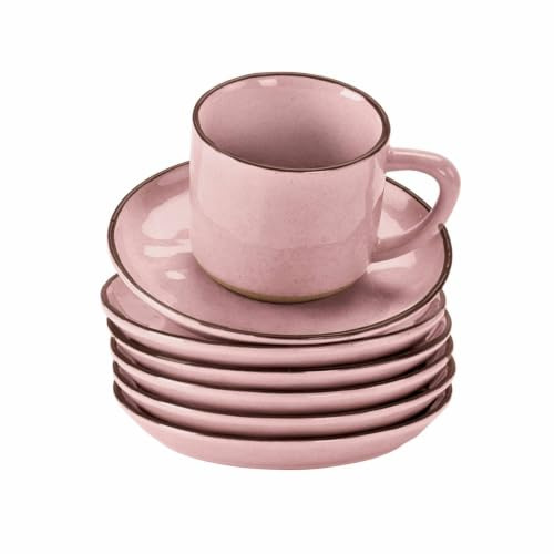 LOBERON Tasse mit Untertasse 6er Set Biarré, rosa | ursprünglicher, natürlicher Charakter, Geschirr mit mediterranen Charme, spülmaschinenfest, Tischaccessoires, Steinzeug