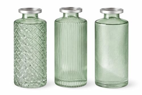3er Set Blumenvasen Grün Silber – Boho Glas Vasen Set (13 cm, Ø 5 cm) – Vintage Väschen mit 3 Mustern – Deko Vasen für Tischdeko, Hochzeit & Wohnzimmer