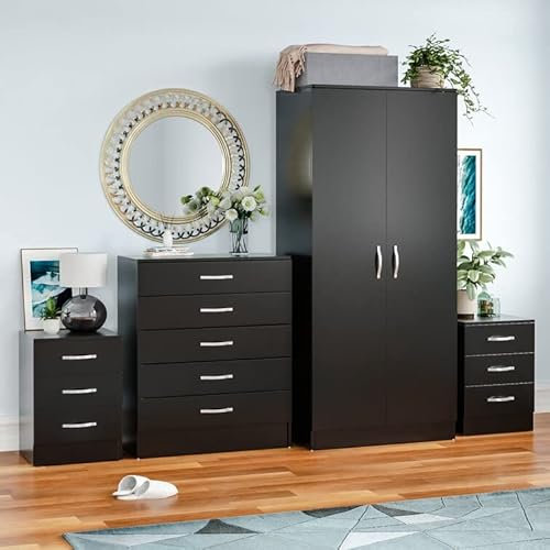 Vida Designs Riano 4 Piece Bedroom Set - 3 Drawer Bedside Chest, 5 Drawer Chest, 2 Door Wardrobe - Black