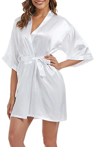 Xuepelit Satin Kimono Damen Morgenmantel Bride Bademantel Leicht Japanisch Hochzeit Bademäntel Pyjama Kurz, Weiß,L