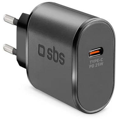 SBS Alimentatore USB-C 25W, Power Delivery (PD), Ricarica Rapida, Compatto, Caricatore per iPhone, iPad, Airpods, Samsung, Pixel, Tablet, Smartphone, Nero
