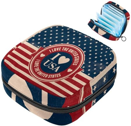 Aufbewahrungstasche für Damenbinden, I Love USA-Flagge, gestreift, Stern, tragbare Menstruationseinlagen, Slipeinlagen, Tampons, Damenbinden, Aufbewahrungshalter für Damen, Schule, Büro