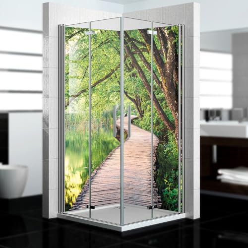 dedeco Eck-Duschrückwand wasserfest Motiv: Wald V4, UV-Lack matt, 2 x 100x200 cm, als Badrückwand zum Fliesenersatz, als Dekorwand, Wandverkleidung und Duschplatte aus Aluminium - Made in Germany