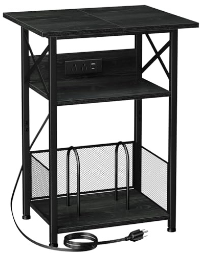 AMHANCIBLE Record Player Stand with Charging Station, Large Turntable Stand with Storage Cabinet, 3 Tier End Table Hold Up to 100 Albums, Record Stand for Vinyl, Living Room, Black, HETCD012BK-1