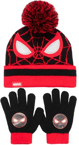 Marvel Spiderman - Set di cappello e guanti invernali per ragazzi, caldo e accogliente, berretto e guanti, ideale per bambini dai 3 ai 9 anni, Nero , Taglia Unica