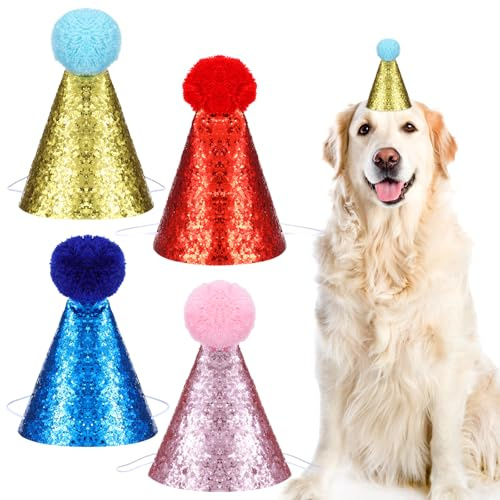 4 Stück Hund Geburtstag Hut Katzen Geburtstags Mütze Niedliche Welpen Partyhut Mit Pompons Mehrfarbige Party Dekorationen Hüte Verstellbare Kopfbedeckung für Welpen Katzen Kostüme Zubehör