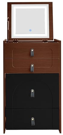 infirack Schminktisch(Enthält Make-up-Hocker), Multifunktionaler Aufbewahrungshocker Nachttisch, mit Spiegel und LED-Beleuchtung, mit 3 Schubladen, schwarz+braun