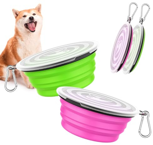 Pawaboo Pack de 2 Cuencos de Viaje Plegables para Perros con Tapa | Cuencos plegables para comida y agua para perros y gatos; ideales para paseos, viajes y uso en casa (rosa y verde)