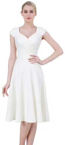 Flosros Robe de cocktail élégante pour femme - Robe de soirée festive - Ligne A - Vintage - Col en V - Robe d'invité de mariage - Robe de confirmation, Blanc., 3XL