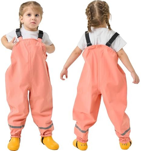 Fewlby Kids Waterproof Trousers, Rain Trousers Bib Overalls Boys Girls Rain Dungarees Wind and Waterproof Mud Pants Toddler Outdoor Rainwear with Reflective Strips, 2-3 Years