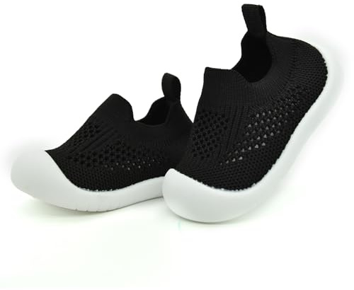 TootyTots krypskor med halkfri ABS-sula – ventilerande unisex babyskor, mjuk suldesign för inomhus/utomhus, alla årstider, En svart, 12-18 månader