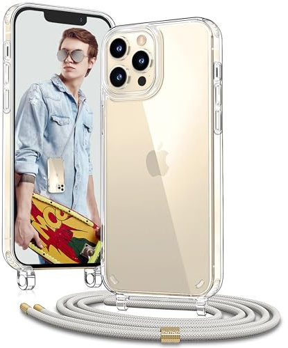 Vaykwo Handykette für iPhone 12 Pro Max Hülle mit Band, Beige | Necklace Handyhülle, Transparente Case zum Umhängen, Verstellbar und Abnehmbar