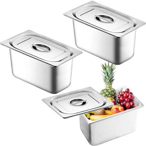 Piashow Panierschalen Set 3-teilig, Gastro Behälter Rechteckig, GN Behälter Edelstahl mit Deckel Gastronormbehälter Lebensmittelqualität Zutatenbehälter (17.5X11X10CM)
