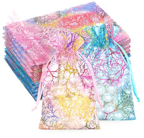 G2PLUS Coral Pattern Organza Bags, 50 PCS Jewellery Pouches with Drawstring, 10x12 CM Multi-colored Organza Gift Pouches, Wedding Favour Bags, Perfect for Present, Party, Wedding