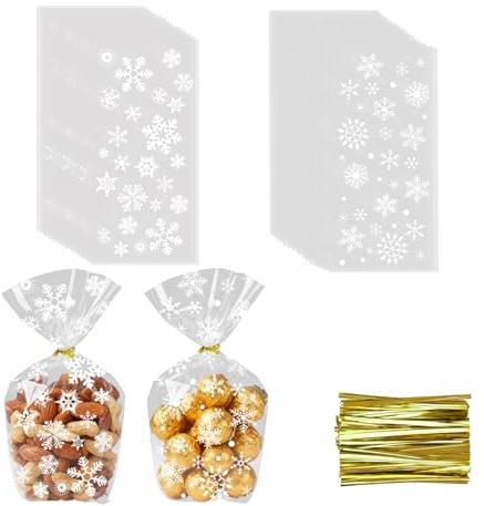 Blissiquee Zellophantüten für Weihnachten, 2 Stile, Schneeflocke, transparent, 23,5 x 14,5 cm, Lebensmittel-Geschenkbeutel, Kunststoff, Süßigkeiten, OPP-Beutel mit 150 Bindebändern für Snacks und