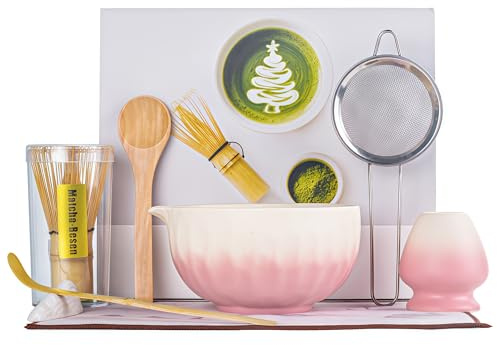 ZEWETO Matcha Set 8-teilig Japanisches Teezeremonie Set, Matcha Schale mit Ausguss (Chawan), Bambusbesen (Chasen), Besenhalter, Matcha-Löffel (Chashaku), Edelstahlsieb, Matcha Starter Kit Geschenkset