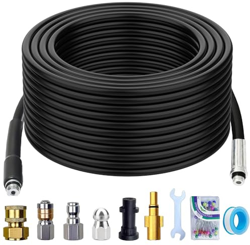 Pressure Washer Hose, 20m Pressure Washer Drain Pipe Hose Cleaning Kit, Pressure Washer Drain Cleaner with Jet Nozzle and Rotating Jet Nozzle, Jet Wash Hose Suitable for Cleaning Sewer Pipes