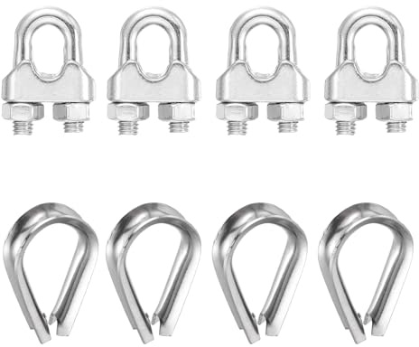 sourcing map Juego de 4 abrazaderas de clip para cable de cuerda de alambre de 1/4 pulgadas M6 pequeñas de acero inoxidable 304 con dedal para aparejo seguro, tendedero para valla de tendedero, color