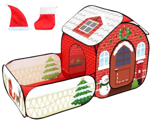 Tenda da gioco per bambini, Casetta da gioco pieghevole per bambini di Natale con tunnel cingolato, Tenda per in tessuto Oxford, 68x34x36 interattiva per i regali