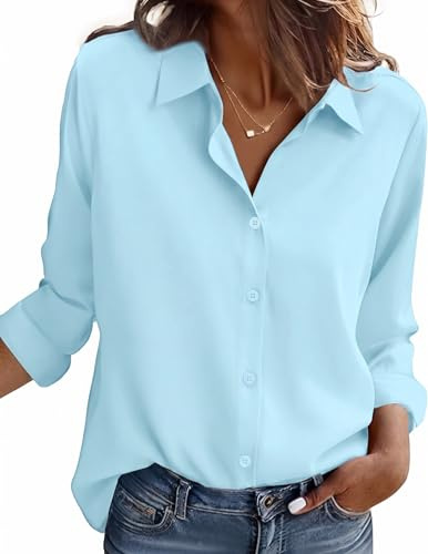Zeagoo Blusas De Mujer Elegantes Camisa Color SóLido Camisas Azul Claro XL