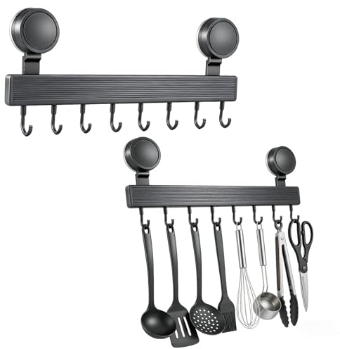 WeeGoo 2 Pcs Suction Kitchen Utensil Hanger, Kitchen Utensil Hook Rack 40cm | No Drilling, Removable, 8 Movable Hooks, for Pot Pan Lid Spoons Spatula