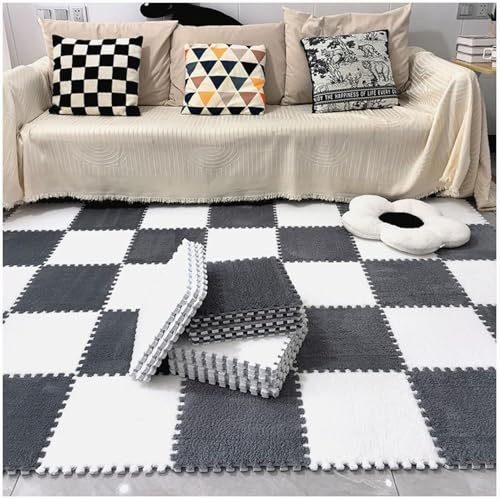 7UIYgtyO LNNNW Plush Piezas Alfombra Puzzle 16 losetas de Alfombra entrelazadas de Felpa, losetas de Alfombra de Patchwork Cuadrado, losetas de Espuma Suave, decoración del hogar(Gray+White,60x60cm)