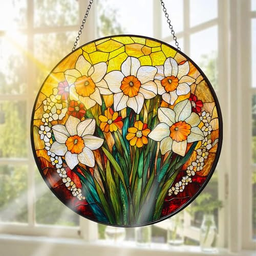 Pavemlo Påsklilja Solfångare I Målat Glas, Hängande Fönsterdekoration Blommor – Handgjord Solfångare Som Dekoration För Trädgård, Fönster, Inomhus- Och Utomhusbruk, Julfest, 20 X 20 cm