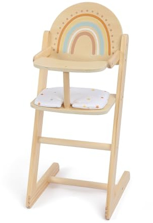 WoddyGo Holz-Puppenhochstuhl mit Kissen, Rollenspiel-Hochstuhl zum Füttern von Babypuppen, passend für Puppen von 45–50 cm, Naturholzfarbe, für Mädchen ab 3 Jahren