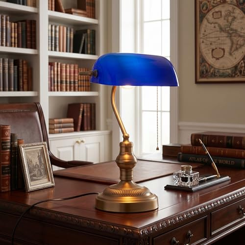 BARCELONA LED Bankerlampe Vintage E27 mit blauem Glasschirm verstellbar, Metallfuß in Messing Gold, Retro Nordisch Modern Tischlampe für Büro Schlafzimmer Wohnzimmer Hotel Dekoration