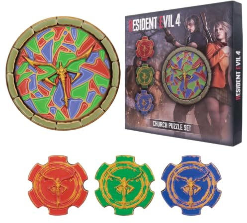 FaNaTtik Resident Evil 4 Church Puzzle Medallion Set – Limited Edition Collectible (Las Plagas Emblem Replica, 4 Medallions with Display Stand), Officially Licensed & Numbered Box