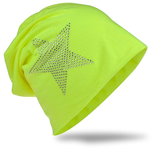 Miobo slouch beanie i jersey, lång mössa, stjärna med strassdetaljer, unisex, enfärgad, herr, dam, trendig, Neongul, En Storlek