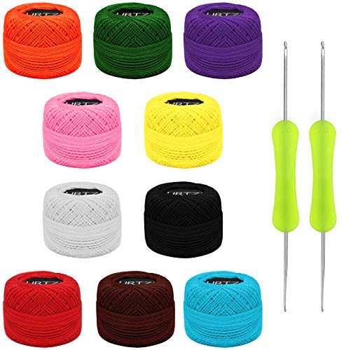 Kurtzy Buntes Baumwolle Häkelgarn (10 Stück) - 2 Häkelnadeln Enthalten (1mm & 2mm) Wolle zum Stricken- Jedes Baumwollgarn Garn Knäuel Wiegt 10g - Insgesamt 600m Buntes Baumwolle zum Häkeln