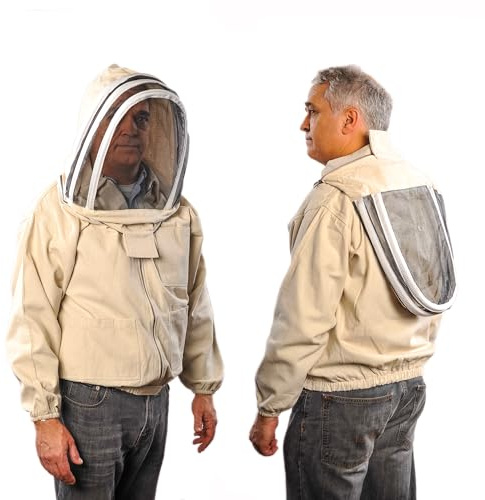 Bee Jacket with Veil - Natural Canvas Bee Suit Jacket with Elastic Waist & Cuffs, YKK Brass Zippers, 3 Utility Pockets. Removable Hood Interchangeable with Forest Beekeeping Suit.(Large)