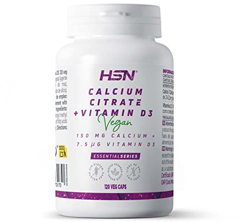 Citrato de Calcio con Vitamina D3 de HSN | 120 Cápsulas Vegetales | 450 MG de Calcio y 900 UI Colecalciferol por Dosis Diaria | No-GMO, Vegano, Sin Gluten