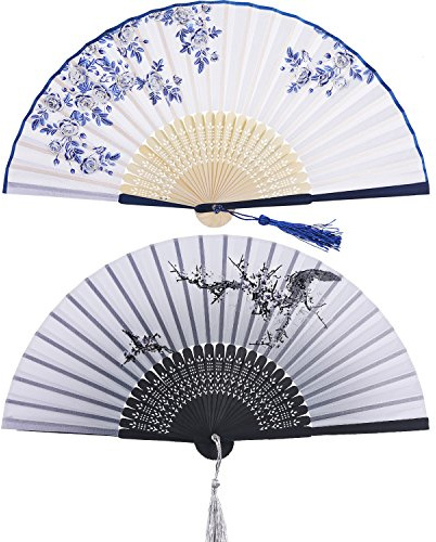 Hotop 2 Pieces Folding Fans Handheld Fans Bamboo Fans with Tassel Women's Hollowed Bamboo Hand Holding Fans for Wall Decoration, Gifts (Blue Rose and Black Cherry Pattern)