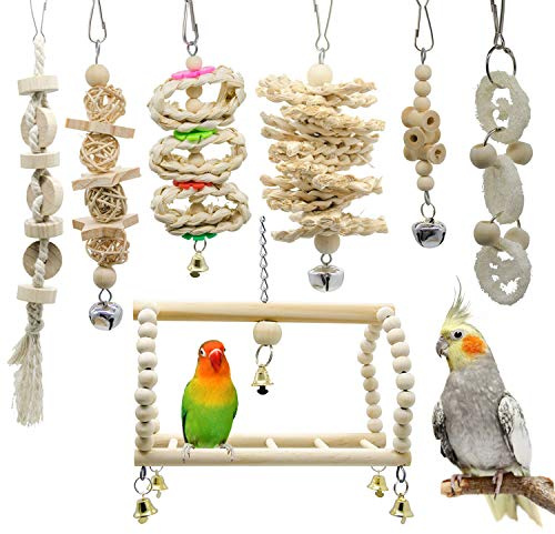 Deloky 7 Packs Bird Parrot Swing Chewing Toys-Hanging Bell Bird Cage Toys Suitable for Small Parakeets, Cockatiels, Conures, Finches,Budgie,Macaws, Parrots, Love Birds